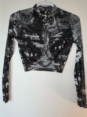 Windsor Black & Gray sheer Lace-Up Long Sleeve going out abstract crop Top